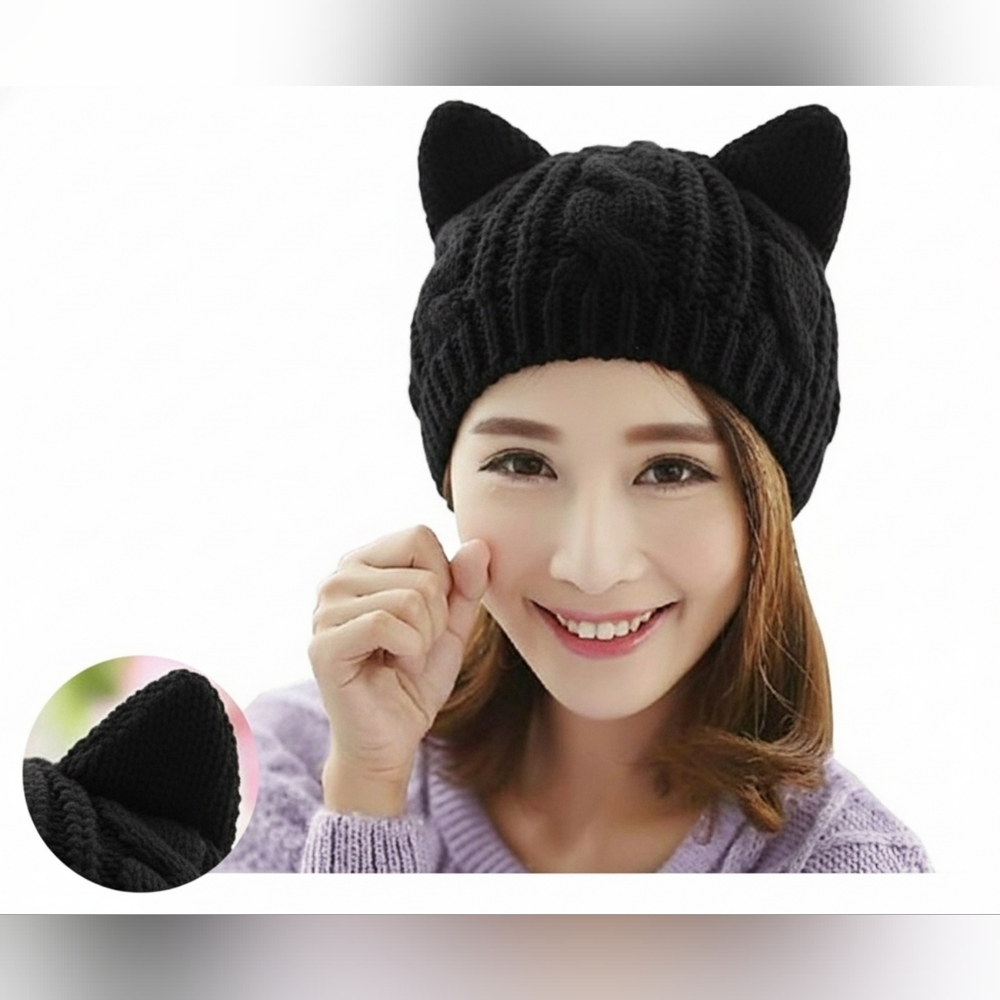 Black Knit Cat Ear Beanie - Picture 3 of 7